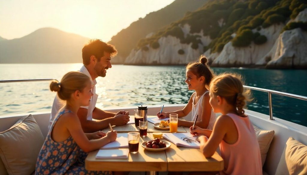 Familie op een jacht tijdens de beste zeilfestivals in Turkije in de buurt van Fethiye, genietend van het ontbijt voor het Uzumlu Paddenstoelenfestival.